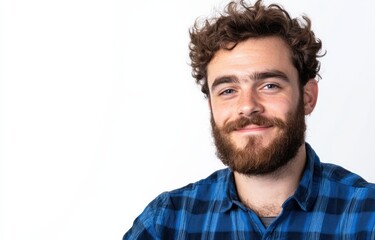 Fototapeta premium Smiling young caucasian male with curly hair and beard in blue plaid shirt.