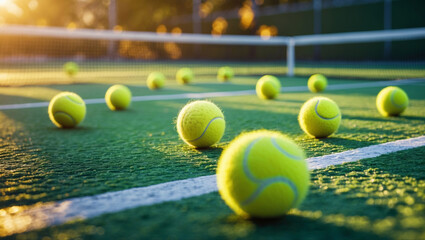 Dynamic tennis scene: tennis balls dispersed on green court with white lines as warm sunlight casts a golden glow and soft shadows on textured grass!