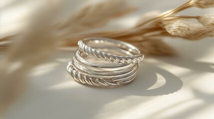 Silver Rings Stacked Display Fine Jewelry Fashion Accessory Elegant Metalwork Style Detailed Craftsmanship
