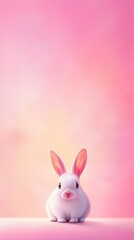 Obraz premium Vertical Minimal Spring Banner Background with White Rabbit and Falling Sakura Leaves, Dreamlike Pink Gradient and Gentle Atmosphere