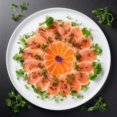 Salmon Carpaccio Garnished with Citrus Mandarin and Fresh Herbs Elegant Food Presentation Art