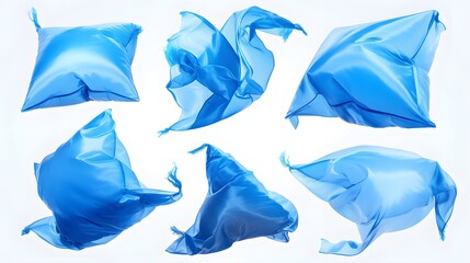 Naklejka premium Series of Dynamic Blue Fabrics Floating Against a Pure White Backdrop