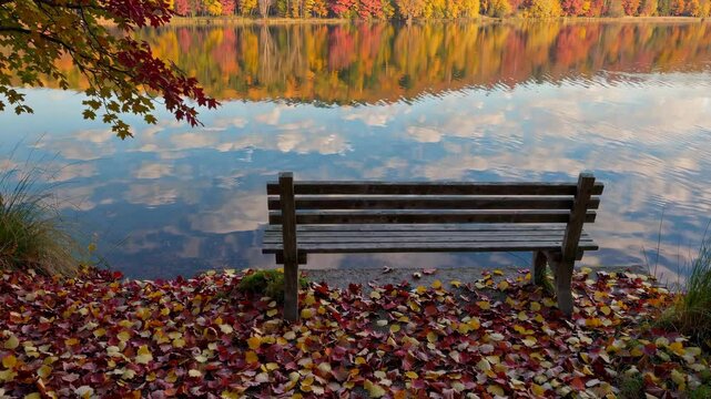 Wooden bench sits on a lakeshore covered with fallen autumn leaves, reflecting the vibrant colors of trees in the calm water