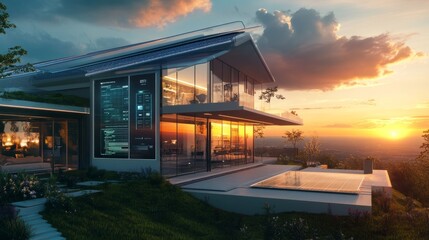 Fototapeta premium Modern eco-friendly smart home with transparent solar panels, energy-efficient windows, and a holographic control panel, set against a sunset