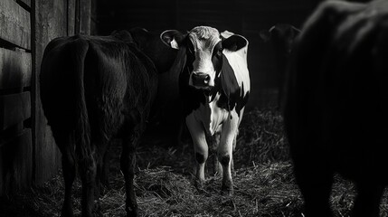 Two cows standing in a rustic barn, a simple farm setting