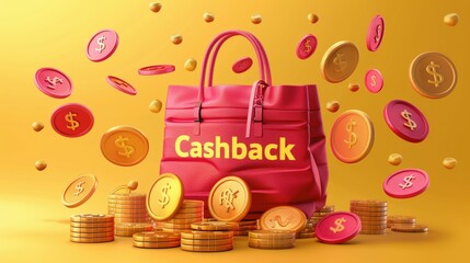 Pink handbag with cashback and gold coins, yellow background, digital illustration