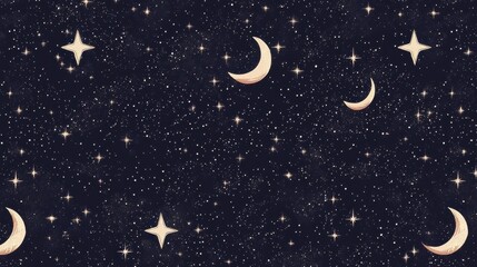 Fototapeta premium Night sky filled with stars and crescents. the background is a deep black color with small white dots scattered throughout.