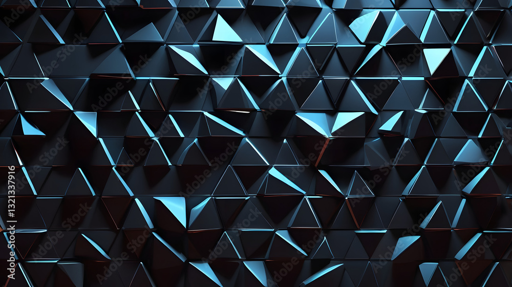 Poster geometric abstraction: a complex array of dark blue triangular shapes with a sense of depth, casting