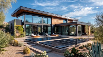 Obraz premium Sleek, modern home with solar panel integration, automated window shading, and a smart energy monitoring system.