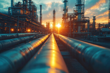 An industrial oil refinery or chemical complex against a sunset backdrop.  