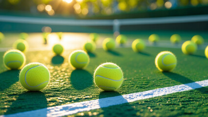 A dynamic sports backdrop: tennis balls scattered on green court with white lines as warm sunlight casts golden glow and soft shadows on textured grass