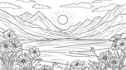 Fototapeta premium Mountain lake landscape coloring page