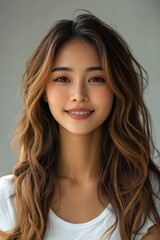 Fototapeta premium A woman with long brown hair and a white shirt