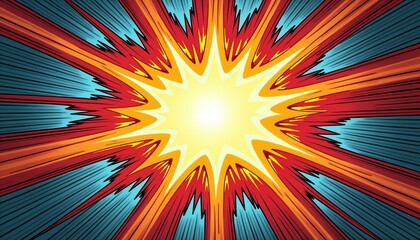 Fototapeta premium Vibrant pop art explosion graphic, dynamic yellow burst with red and blue accents, eye-catching design