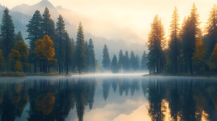 Fototapeta premium Majestic redwood trees stand in tranquil lake waters, with misty mountains and golden morning light reflecting perfectly, set against soft pastel sky in serene, right-aligned composition.