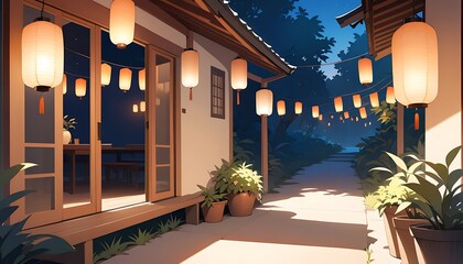Illuminated lanterns adorn a peaceful night scene with traditional architecture