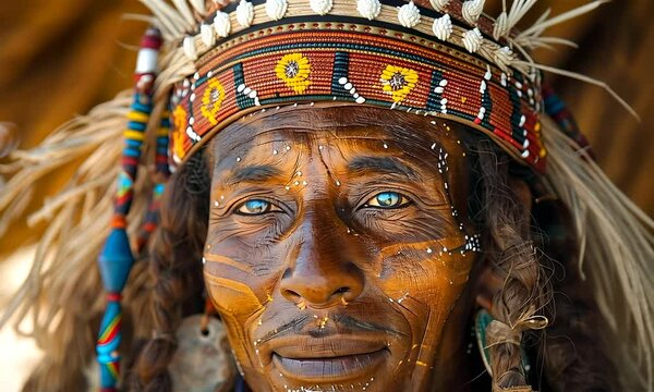 Portrait of old tribe man with wise eyes, head decoration and traditional face painting