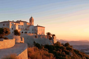 Obraz premium Sunset over a picturesque hilltop village with historic architecture and scenic views in the warm glow of twilight