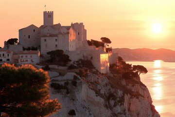 Castle perched on a cliff overlooking the sea at sunset near Marseille, France
