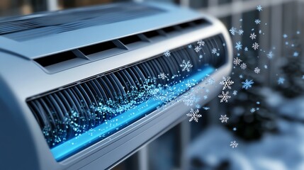 Air Conditioner Blowing Cold Air with Snowflakes in Winter Season