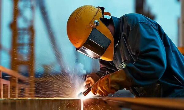 Welding work, construction industry. Worker with protective mask welding metal