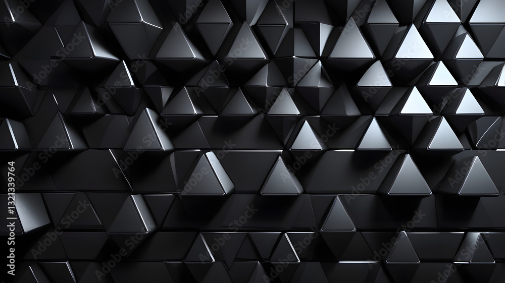 Poster dark triangular geometry: abstract background with dark, metallic triangles forming a textured, geom