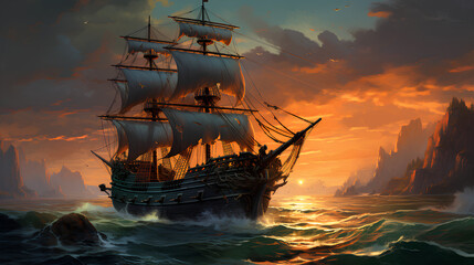 Obraz premium Merchant ship in the distance on the horizon, stylized sunset view