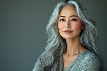 Naklejka premium A woman with long gray hair is smiling and looking at the camera