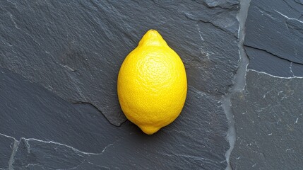 Close-up of a single lemon lying on a dark grey slate surface. the lemon is bright yellow in color and appears to be fresh and healthy.