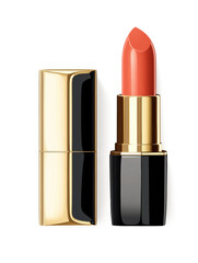 Obraz premium A luxury lipstick in an elegant gold and black case, vibrant orange shade, hyper-detailed, isolated on a white background.