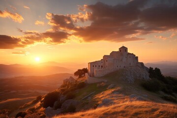 Obraz premium Sunset over historic building on a hilltop with vibrant orange skies and rolling landscapes in the background