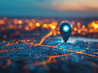 Location marker against a vibrant city skyline at night