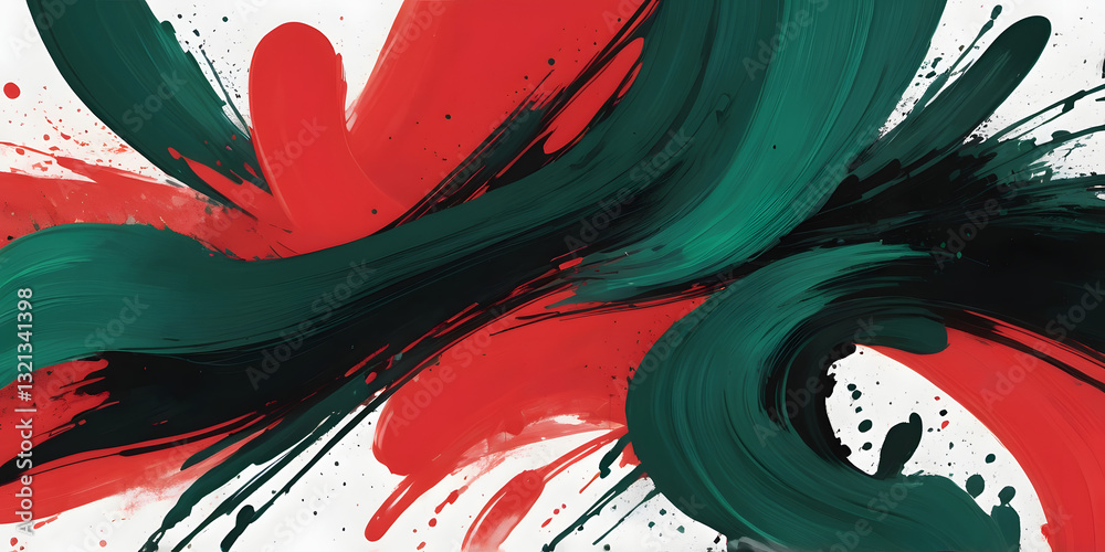 Poster dynamic strokes of color: an abstract painting explodes with dynamic strokes of red and green, creat