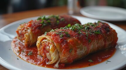 Classic Polish stuffed cabbage rolls (gołąbki) served with tomato sauce