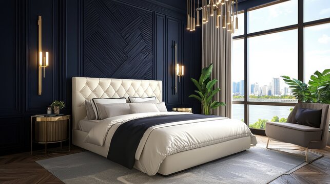 Small art deco modern bedroom, deep navy walls, geometric paneling, cream satin bedding, brass lighting, river view