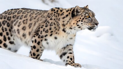 Obraz premium Snow leopard walking gracefully in icy wilderness. Created with Ai