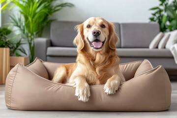 Happy golden retriever relaxing in a cozy dog bed at home