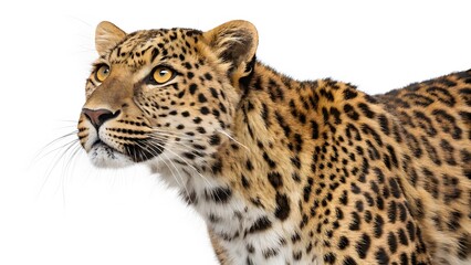 Alert leopard with striking golden coat and rosettes on white backdrop. Closeup shot of leopard on white background. Created with Ai