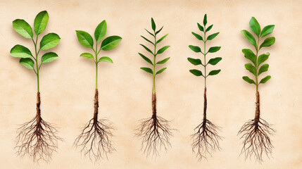 A detailed illustration showcasing various stages of plant growth with roots.