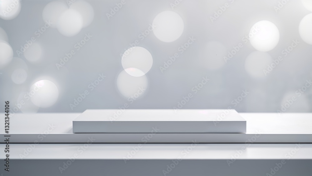 Poster minimalist display of a white object on a smooth table with soft bokeh lighting in a bright setting