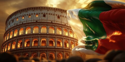 Majestic Colosseum at Sunset with Bulgarian Flag: A Symbol of History and Heritage