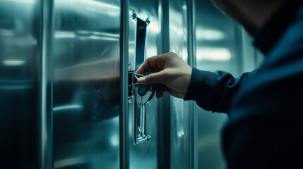 Obraz premium A locksmith is shown in close-up, meticulously installing a panic latch to highlight the precision of their repair and replacement services for secure doors