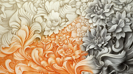 Close up of intricate floral patterns in orange and gray tones, showcasing detailed designs and textures