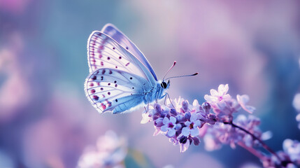 Obraz premium Beautiful butterfly on pastel flowers, blurred background, bokeh effect, pastel colors, macro, in the fantasy, dreamy style 