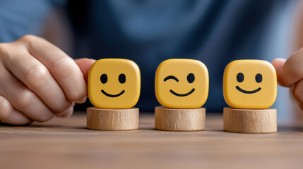 Happy faces on wooden stands symbolize customer feedback and satisfaction