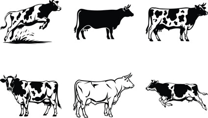 Cow Silhouette Clipart SVG Bundle design. Farming Cow, Cow jumping, Cow running, Cow standing, Cow graphic icon, Cow Vector illustration.