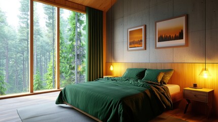 Small warm brutalist bedroom, raw concrete accent wall, deep green bedding, soft curtains, ambient lighting, forest view