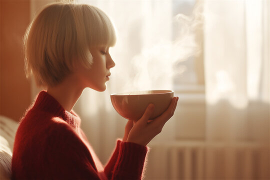 Contemplative moment of a woman enjoying a warm beverage by soft window light, creating an atmosphere of peaceful introspection and quiet morning tranquility.
