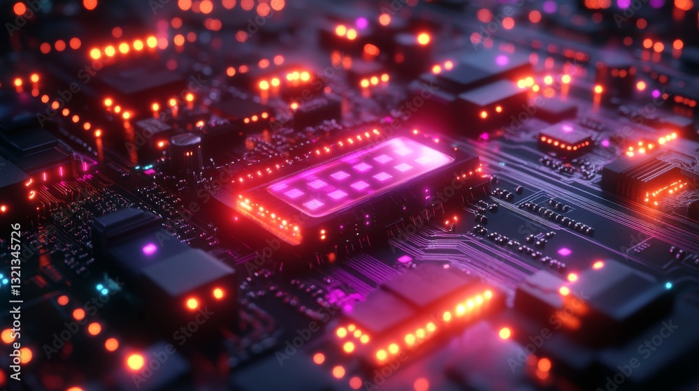 Poster A detailed view of a circuit board showcasing intricate connections and luminous components. Bright lights illustrate concepts of quantum computing, like superposition and entanglement.