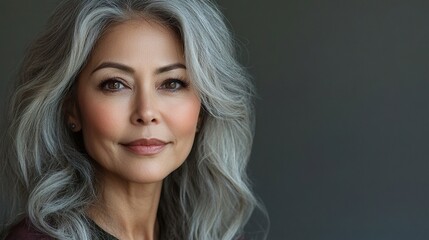 Naklejka premium A woman with gray hair is smiling and looking at the camera